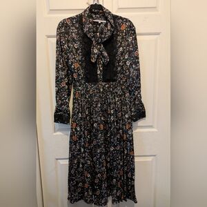 Dalia Macphee Satin Pleated Midi Floral Dress Lace Details Tie Neck Long Sleeve